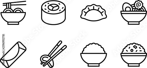 Collection of asian food icons featuring noodles sushi dumplings and rice bowls in outline style dumpling chopstick