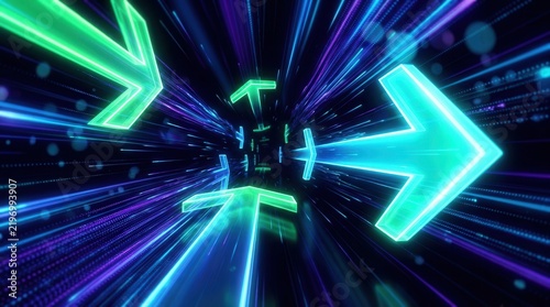 Vibrant green glowing arrows moving forward with blue and purple light trails.