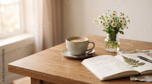 Cozy Morning Coffee Desk with Daisy Flowers, Open Journal, and Pen