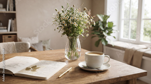 Cozy Morning Coffee Desk with Daisy Flowers, Open Journal, and Pen