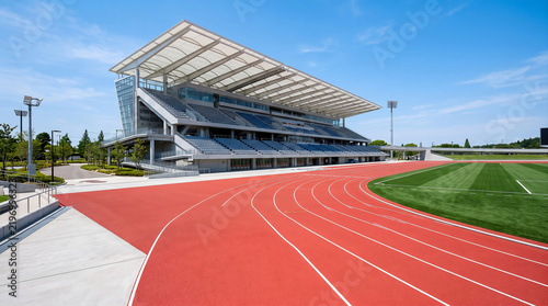 Empty Red Running Track Lanes in Outdoor Sports Stadium Under Blue Sky