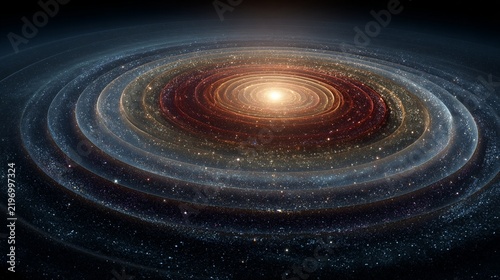 Stunning visualization of concentric spherical shells radiating from a luminous central galaxy, depicting the vastness of space with swirling stars, vibrant colors, and a cosmic ambiance that evokes a