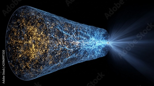 A captivating visualization illustrating the cosmic journey of CMB photons emanating from the Cold Spot, showcasing vibrant golden stars and dynamic energy lines against a stark black backdrop.