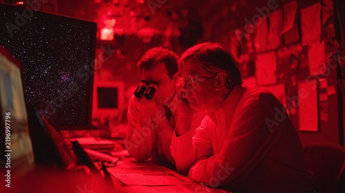 Two astronomers intently studying the cosmos, surrounded by a high-tech control room illuminated in red light, capturing the excitement of a supernova search and space exploration.