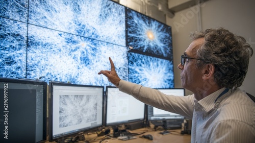 Scientist Engaged in Research at a High-Tech Supercomputer Visualization Station Surrounded by Multiple Monitors Displaying Complex Data Patterns