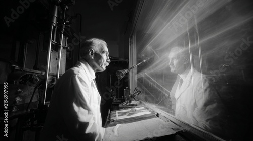 A contemplative scientist gazes into the reflective surface of an old observatory, capturing a moment of introspection and curiosity in a nostalgic black-and-white atmosphere.