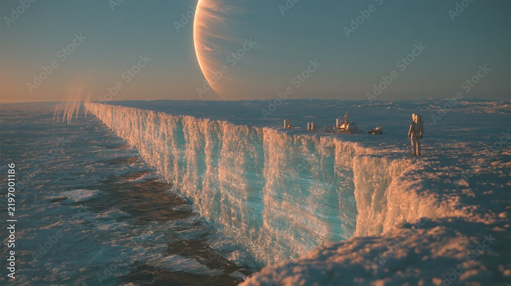 Fototapeta premium Expedition on alien ice planet with giant gas planet in sky and icy cliff edge