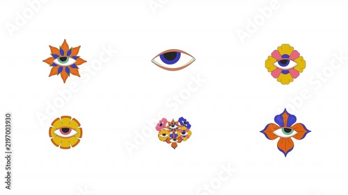 Mystical floral eyes cartoon animation pack. Psychedelic flower petals and botanical shapes. Surreal decorative symbols animated flat 4K video collection isolated on transparent background
