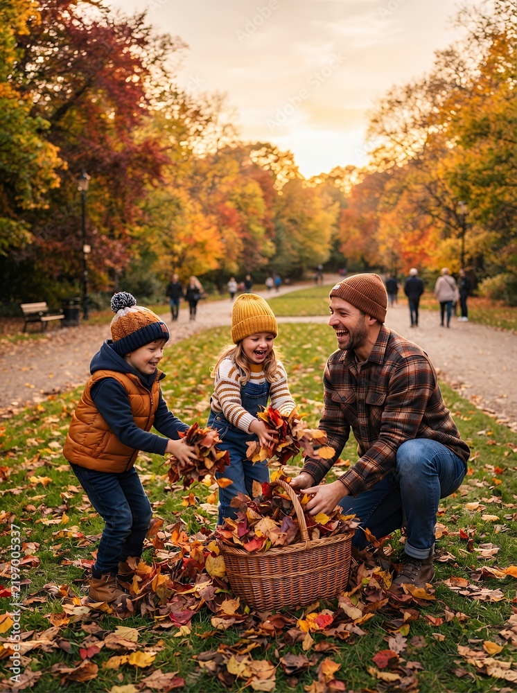 Fototapeta premium Father and two children playing with autumn leaves in a park.