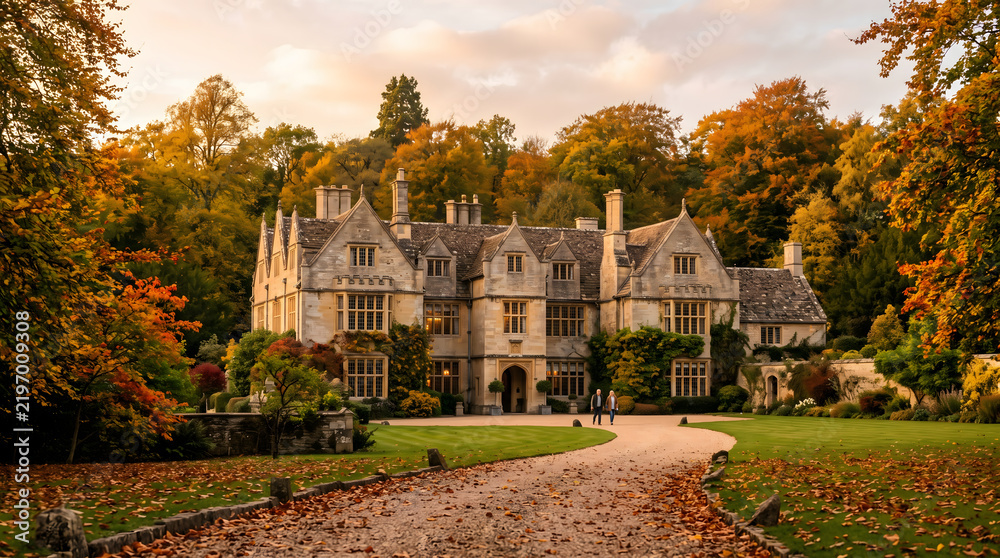 Obraz premium Historic stone manor house surrounded by autumn foliage in park setting with golden hour lighting