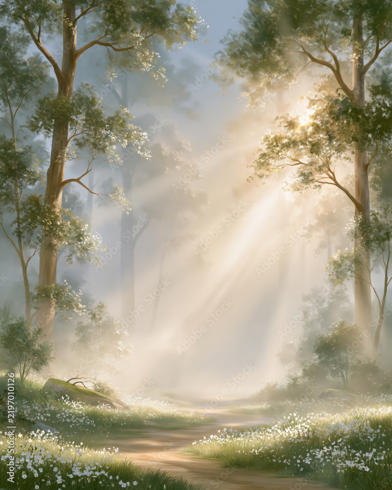 Obraz premium Ethereal forest landscape sunlight ray mist dreamy path nature fantasy art serene woodland