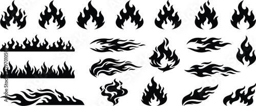 Flame silhouettes in classic 90s style, motorcycle and hot rod car style. Old school, retro tattoos. Black and white flame silhouette and outline style. Retro fire aesthetics, with flames. Vector set