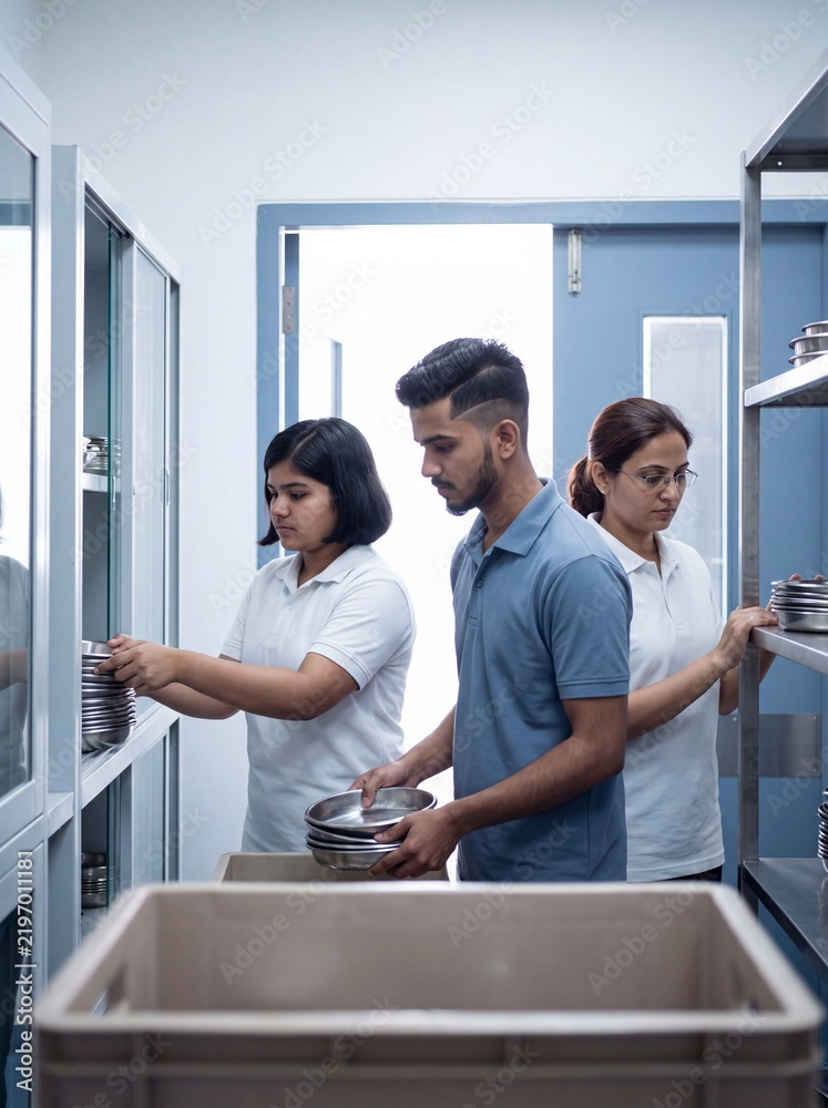 Obraz premium Nursing students stack kidney dishes in hospital supply room