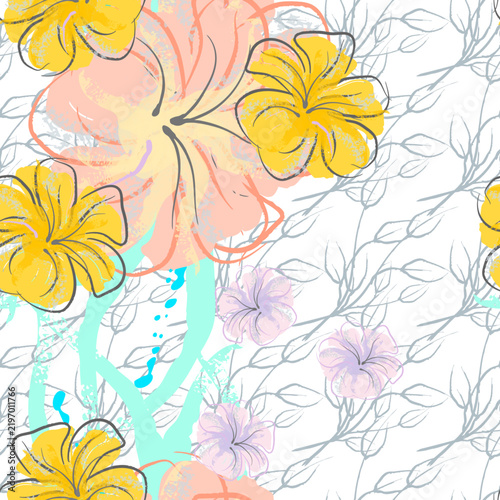 Pink Flowers Blooming Pattern. Pastel Watercolor Floral Print. Little Pink, Yellow, Lilac flower on grey leaf. Elegant brush Background. Seamless Botanical Vector Surface. Texture For Fashion Prints.