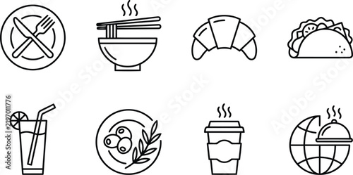 Set of thin line food icons featuring restaurant items and meals restaurant croissant hospitality gastronomy