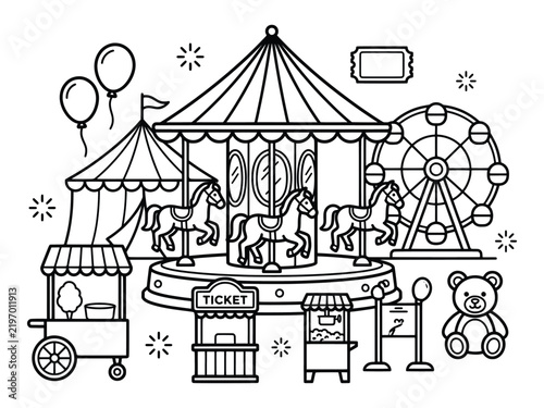 Vintage amusement park carousel with Ferris wheel and tents in black and white line art style.