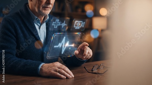 Elderly man using futuristic holographic healthcare tablet displaying vital signs and medical data.