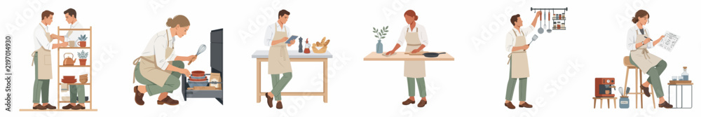 Fototapeta premium Flat illustration set of diverse people in aprons engaged in various kitchen activities like cooking, organizing, and using digital devices.