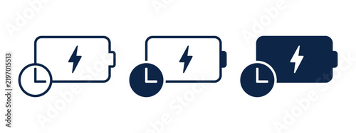 Battery Icon with Clock and Lightning Bolt for Charging Schedule, Remaining Time, Power Management Symbol. Vector Illustration