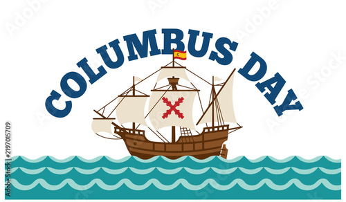 Foto Columbus Day celebratory vector banner featuring wooden ship on turquoise waves