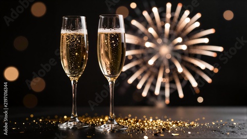 Two champagne flutes glow before fireworks, celebrating joyous moments.