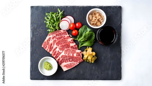 Sliced raw beef with garnishes on slate