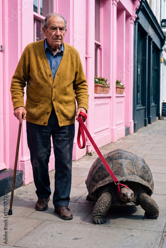 Un homme âgé avec une canne promène sa tortue géante en laisse dans la rue, façades de maisons roses, surréalisme, vertical