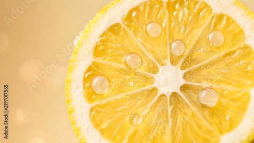 Closeup of a lemon slice with water droplets