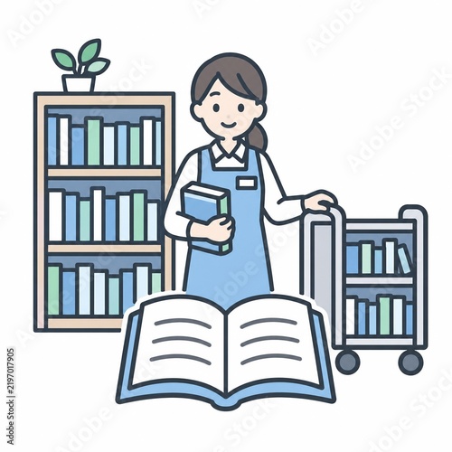 Obraz na płótnie 本棚とブックトラックの前で手前に開いた本を配置した図書館司書の女性イラスト