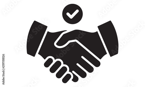Black silhouette icon of a handshake with a checkmark above