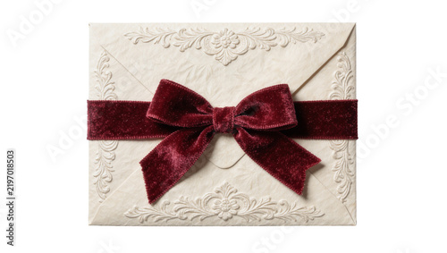 Cream embossed envelope with burgundy velvet ribbon bow, isolated on transparent background