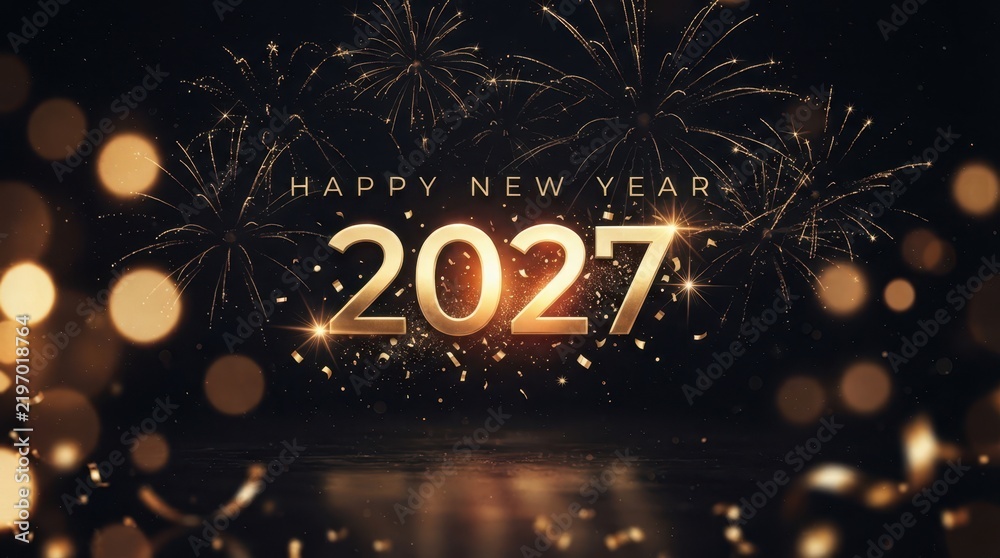 Fototapeta premium Happy New Year Golden 2027 happy new year greeting with festive fireworks background and bokeh lights for celebration and holiday event poster 2027