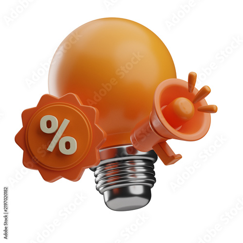 A digital illustration of a light bulb with a percentage discount badge and a megaphone, symbolizing savings, discounts, or promotional offers in marketing or advertising contexts.