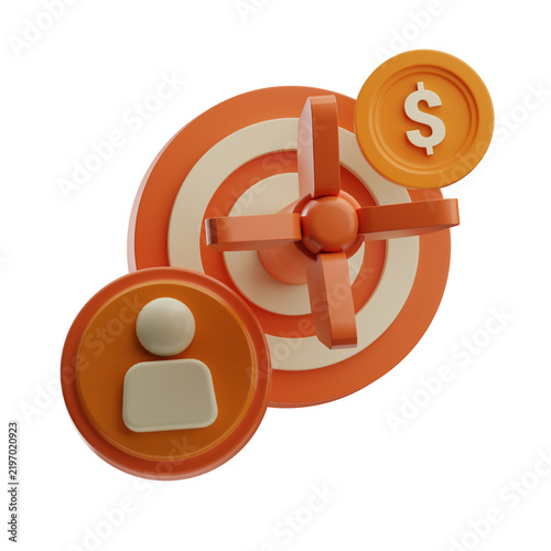 Orange and white icons representing business goals, financial growth, and user focus, including a target, dollar sign, and user symbol on a white background.