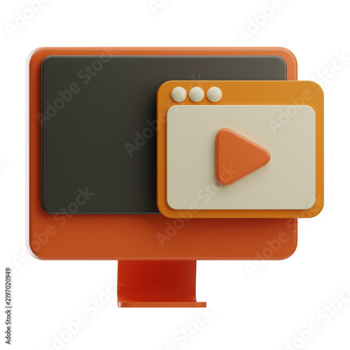 A computer monitor displaying a video player icon on the screen, representing digital media, online streaming, or multimedia content. The setup is modern and minimalistic.