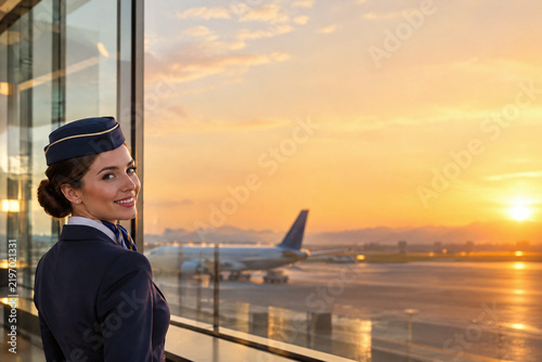 Smiling Flight Attendant In Airport Terminal Horizon Sunset Travel Concept Copy Space