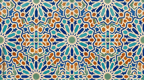Handcrafted ceramic tile patterns with Mediterranean and Moorish geometric motifs, weathered glaze, rich blue, turquoise, green and terracotta tones, intricate symmetry, vintage texture, elegant style