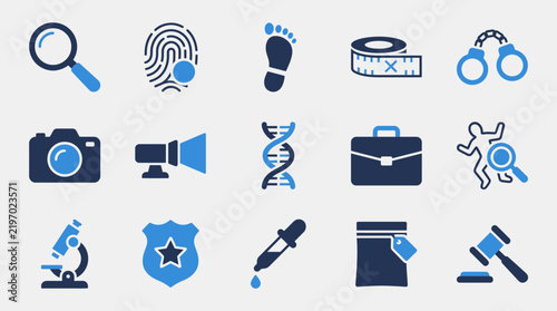 Set of investigative criminology icons featuring forensic evidence search and law enforcement tools forensics criminology investigation