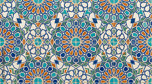Handcrafted ceramic tile patterns with Mediterranean and Moorish geometric motifs, weathered glaze, rich blue, turquoise, green and terracotta tones, intricate symmetry, vintage texture, elegant style