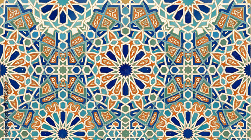 Handcrafted ceramic tile patterns with Mediterranean and Moorish geometric motifs, weathered glaze, rich blue, turquoise, green and terracotta tones, intricate symmetry, vintage texture, elegant style