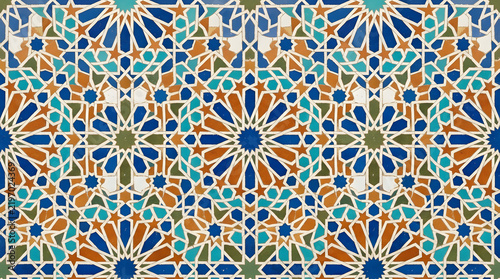 Handcrafted ceramic tile patterns with Mediterranean and Moorish geometric motifs, weathered glaze, rich blue, turquoise, green and terracotta tones, intricate symmetry, vintage texture, elegant style