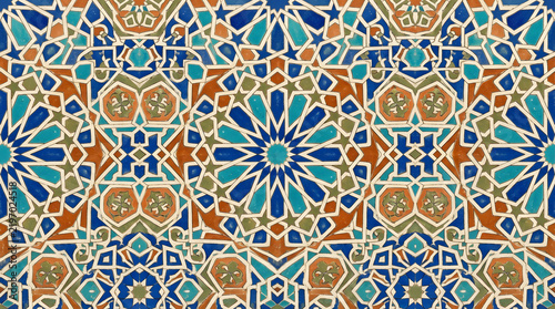 Handcrafted ceramic tile patterns with Mediterranean and Moorish geometric motifs, weathered glaze, rich blue, turquoise, green and terracotta tones, intricate symmetry, vintage texture, elegant style