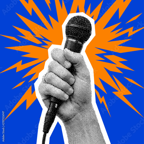 Hand Holding Microphone Pop Art Collage with Orange Explosion Burst, Public Speaking Illustration