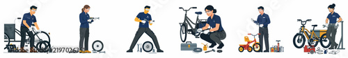 Foto Collection of bicycle repair mechanics working on different types of bikes, including e-bikes and cargo bikes, using tools like wrenches and pumps