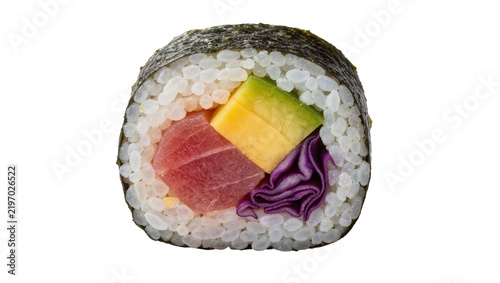 Fresh sushi roll with tuna avocado and purple cabbage, isolated on transparent background