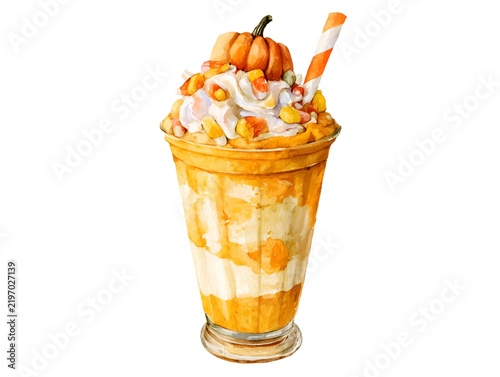 Watercolor pumpkin spice milkshake with whipped cream and candy corn topping