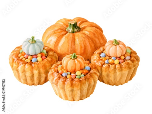 Watercolor illustration of autumn harvest pumpkin tarts decorated with mini pumpkins and candy