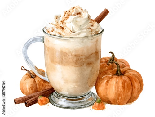 Cozy watercolor illustration of a pumpkin spice latte with whipped cream and cinnamon sticks