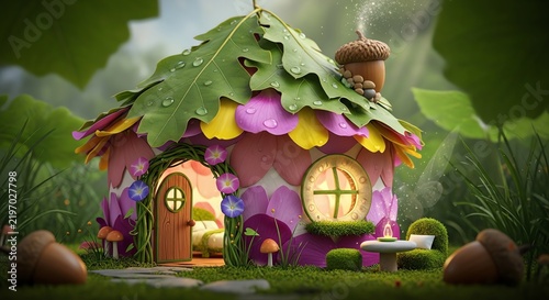 Miniature house made of flower petals and leaves