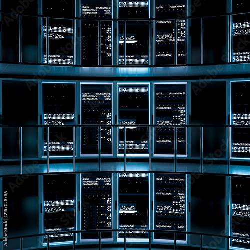 3D multilevel data center atrium with circular server walls